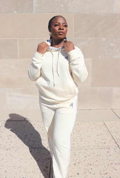 Cream loungewear set for women with hoodie and wide-leg sweatpants featuring subtle logo detail – Atielah Fashion